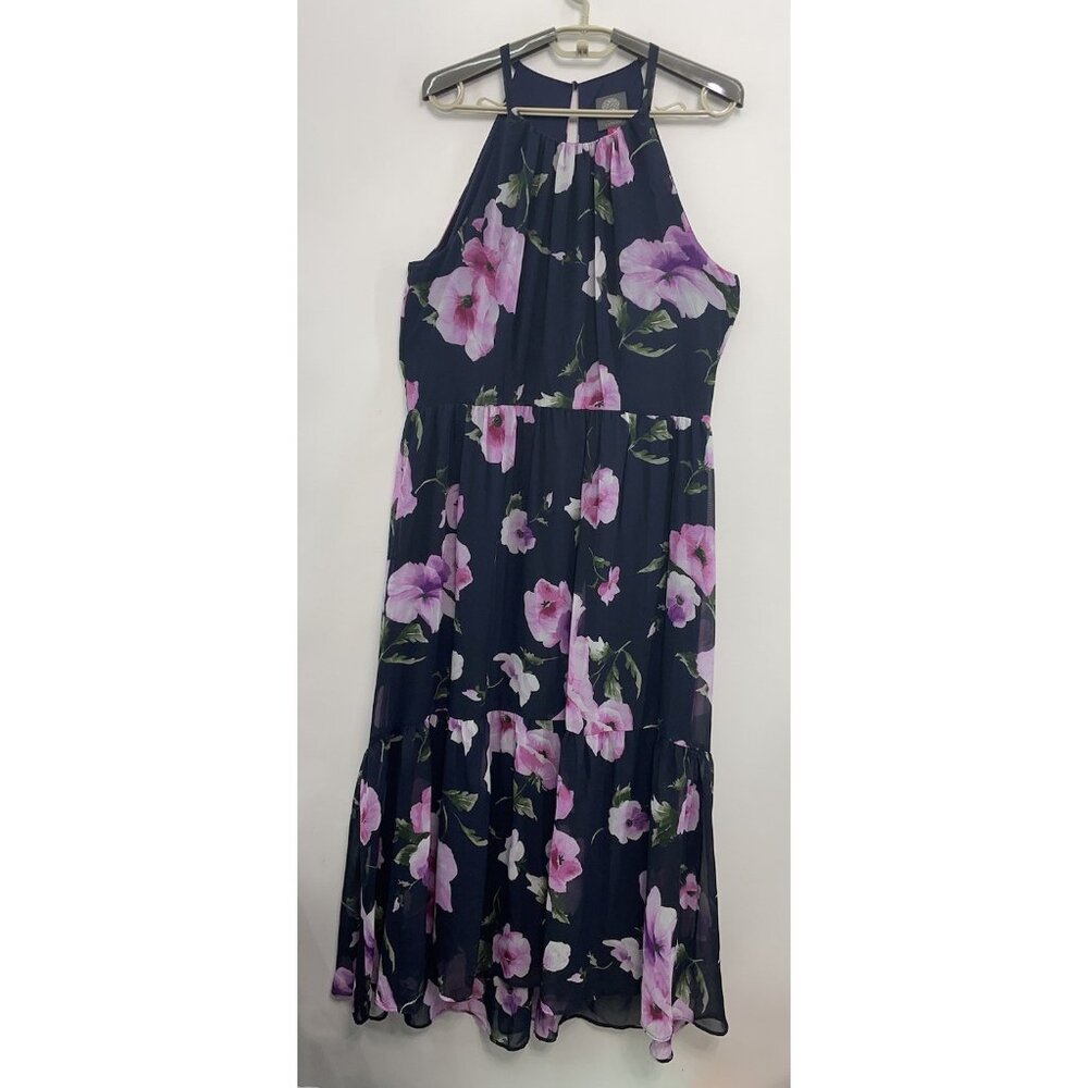 Vince Camuto Halter Chiffon Midi Dress Hi Lo Tiered Floral Blue Pink Womens 12